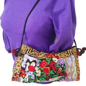 Vintage Asian Heron Embroidered Motifs Shoulder Handbag 7x14 PomPom Tassels Zip